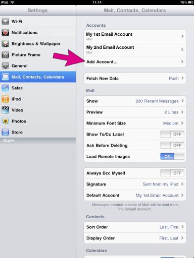 Email setup in iPad